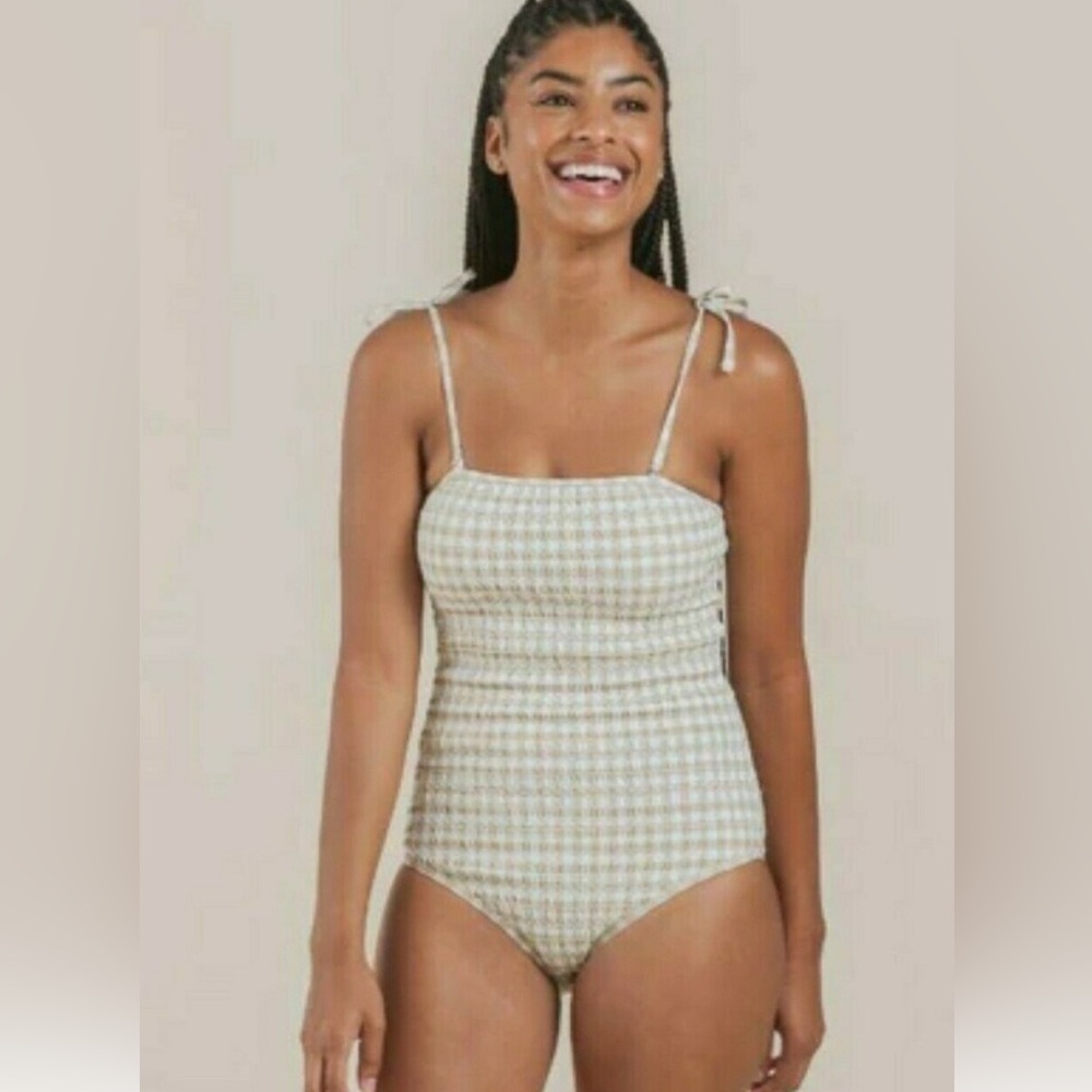 Rylee + Cru Green and Cream Gingham One-Piece Swimsuit